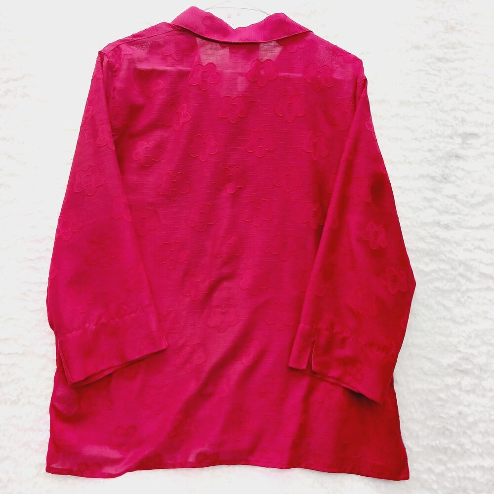 Blouse Button Up Red Floral Embossed Office Siren Minimalist Chic Festival Sz L - Picture 3 of 10